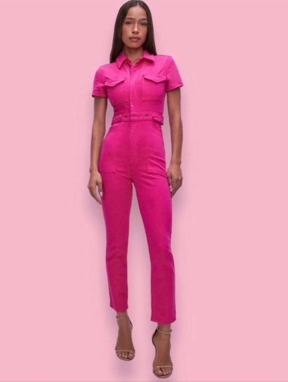 Good American Fit For Success Hot Pink Denim Jumpsuit Size 0